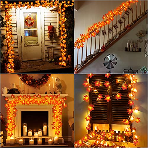 Image of 4 Pack Fall Decor Fall Garland with Lights Fall Decorations for Home, Total 40Ft 80LED Enlarged Maples Leaves Fall Lights Battery Operated Autumn Halloween Thanksgiving Decor Indoor Outdoor Christmas