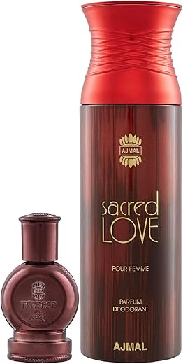 Ajmal Tempest Concentrated Perfume Oil Floral Alcohol-free Attar 12ml for Unisex and Sacred Love Deodorant Floral Musky Fragrance 200ml for Women FREE