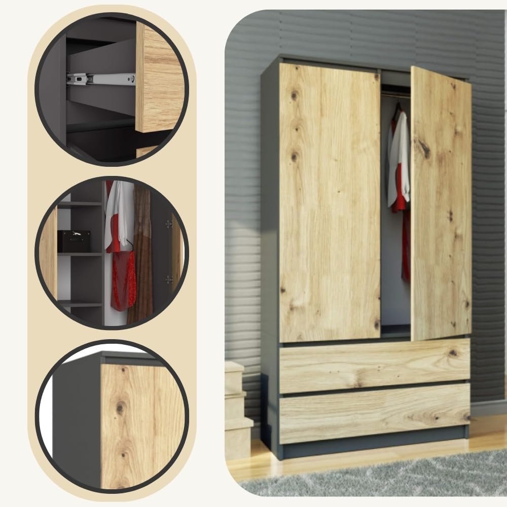 AKORD S90 Two-Door Wardrobe with 2 Drawers, Graphite Grey & Oak Artisan