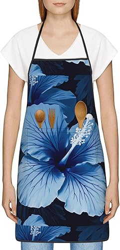 Miniatura 9 de Unisex Apron With Pocket, Blue Hibiscus Chef Apron For Cooking, Bbq & Crafts, Spillproof Kitchen Protection Bib With Large Utility Pocket For Adults