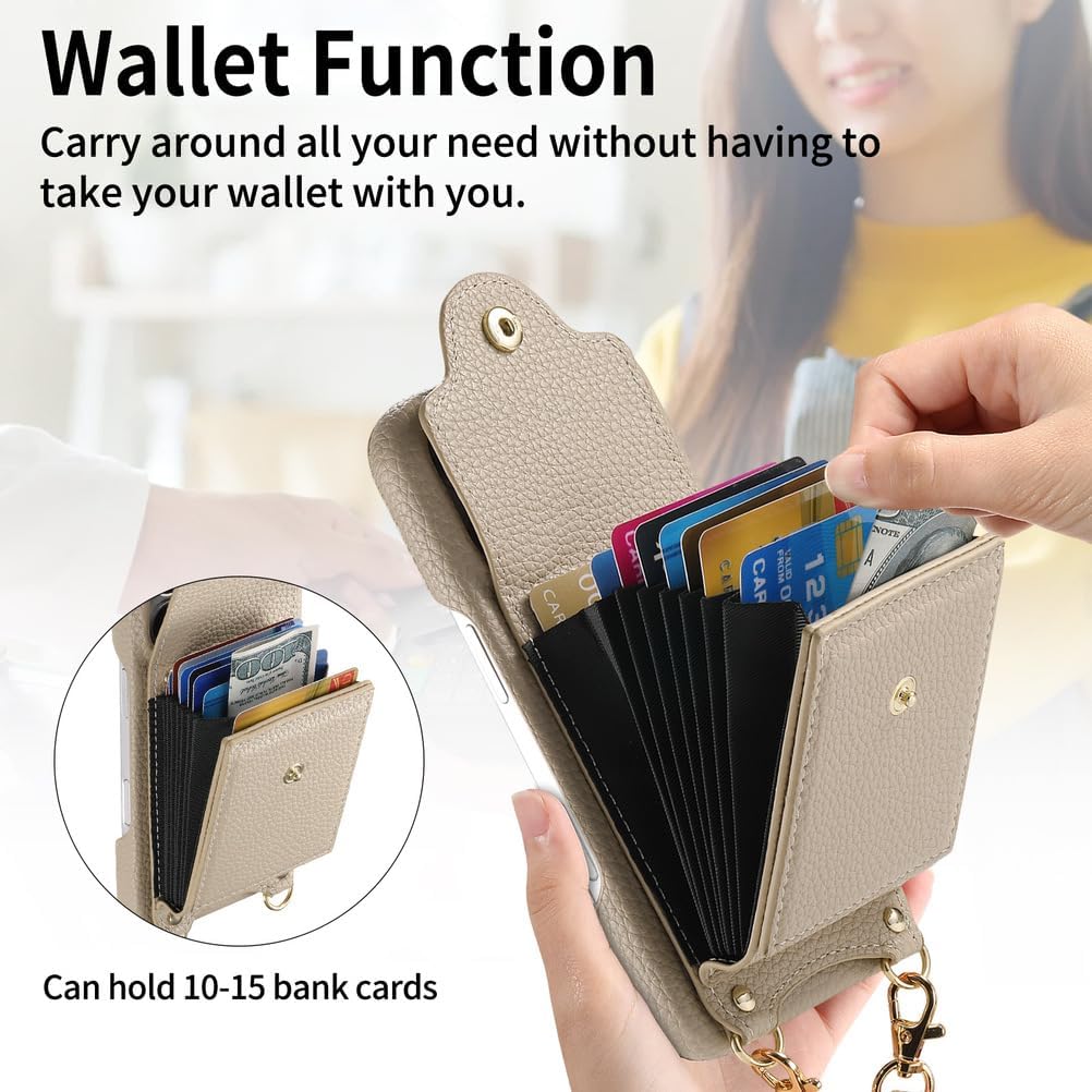 Crossbody Case for iPhone 17/17 Air/17 Pro/17 Pro Max, Organ Wallet Case with Card Holder and Makeup Mirror Stylish Leather Cover Beige