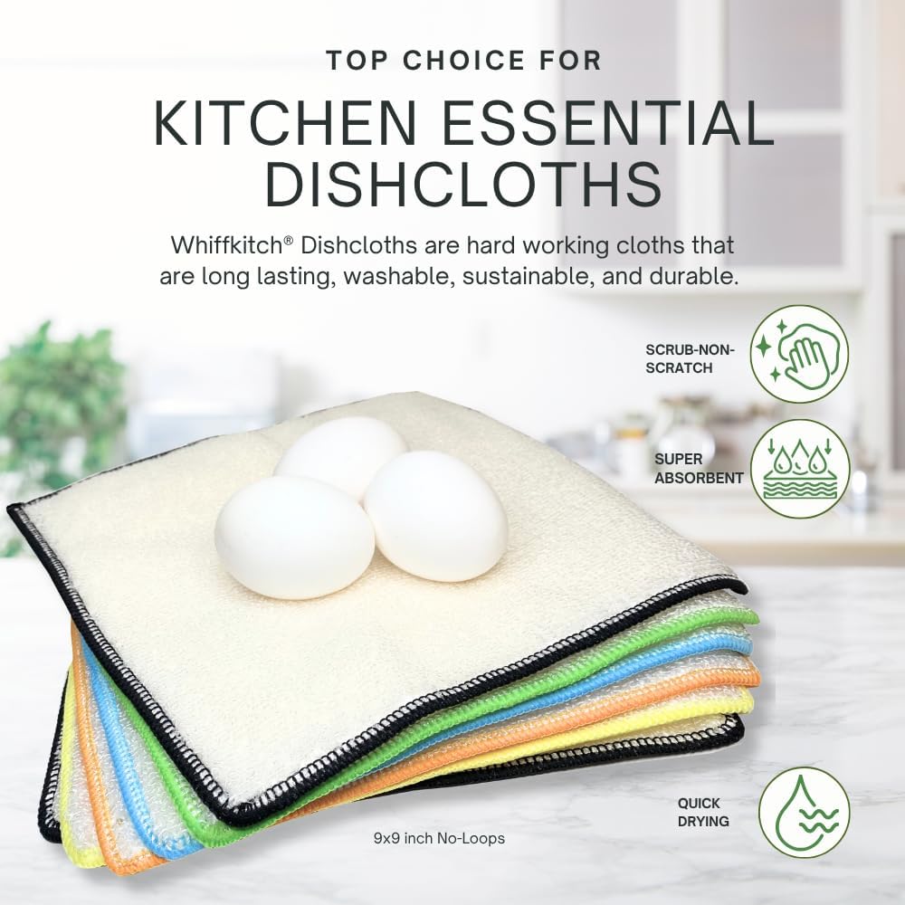Whiffkitch Dishcloths Dishrags for Kitchen and Household Cleaning 9x9 6-Pack Non-Scratch 2-Ply Weave, Bamboo-Rayon Fabric, Absorbent, Washable, Long-Lasting (No Loops)