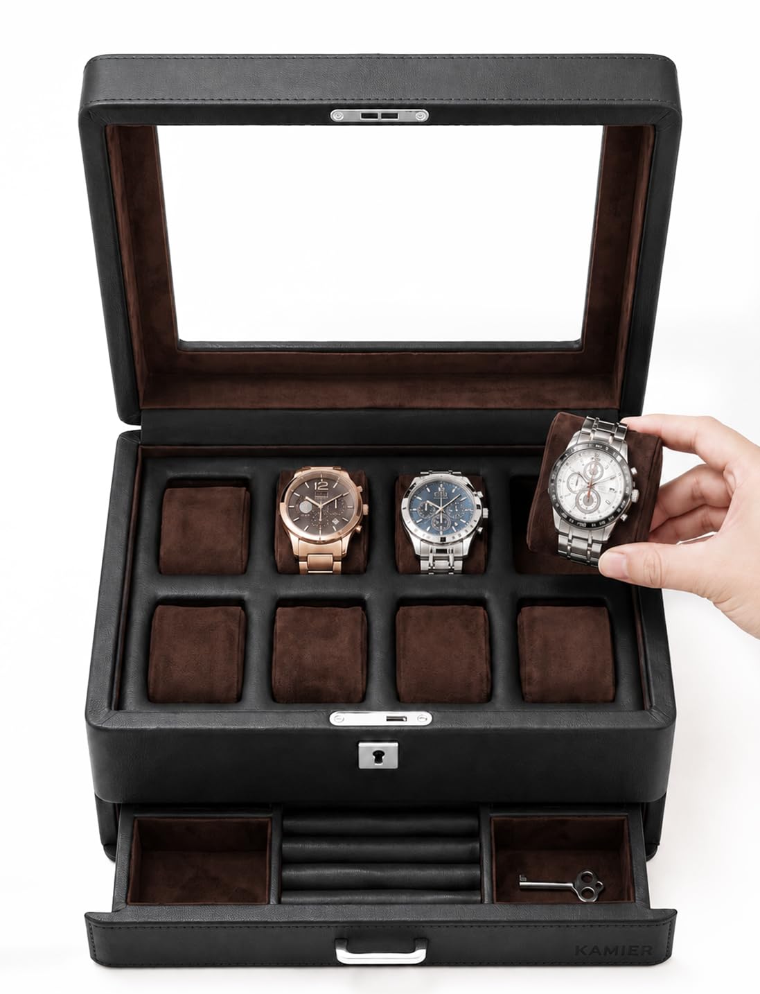 KAMIER Uhrenbox mit 8 Fächern,Uhrenkasten mit Transparentem Deckel,2 Ebenen