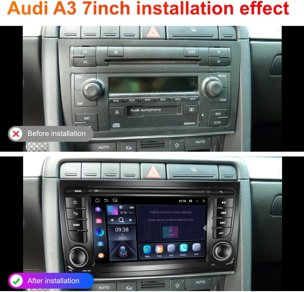 Before and after installation comparison of the car stereo in an Audi A3 dashboard