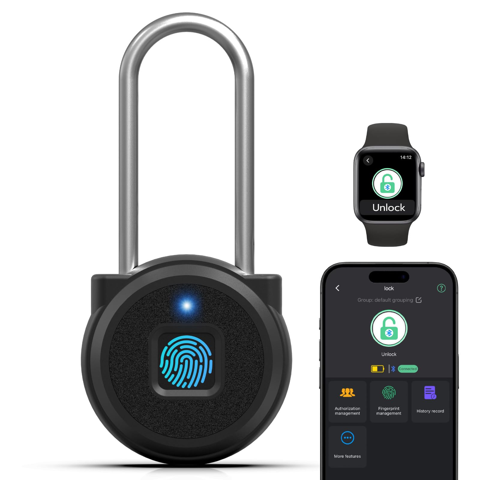 Biometryczna blokada szafki z długim uchwytem na odciski palców, mała kłódka, wodoodporna inteligentna Bluetooth