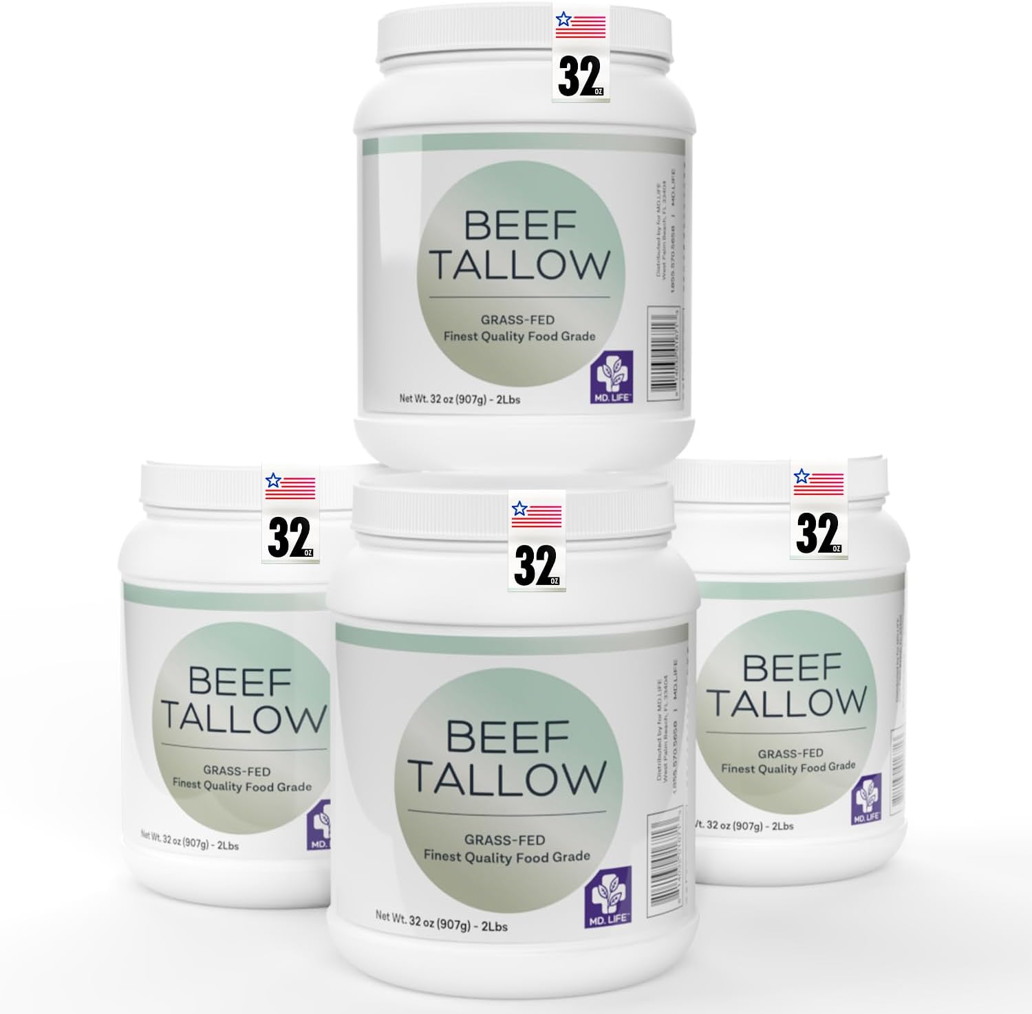 MD. Life Beef Tallow for Cooking - Food Grade Grass Fed Beef Tallow for Cooking Oil Replacement - 8 Pounds (4 Pack) - Pasture Raised Keto Friendly Beef Tallow- Used to Make Candles & Soaps