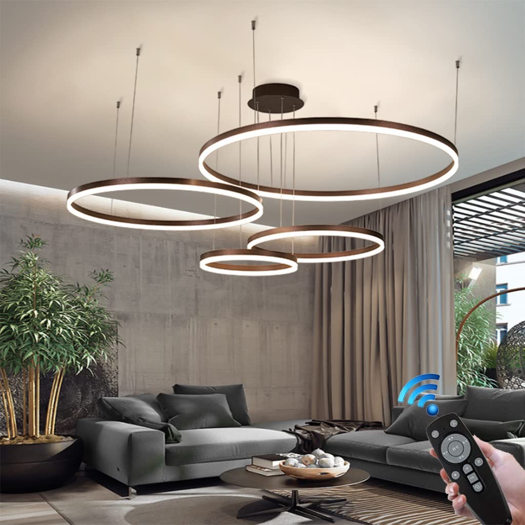 KXEcoLife Modern Dimmable LED Pendant Light with Remote Control Stylish Chandelier for Living Room Bedroom Salon or Dining Adjustable Height Brown Color Combination Hanging Lamp