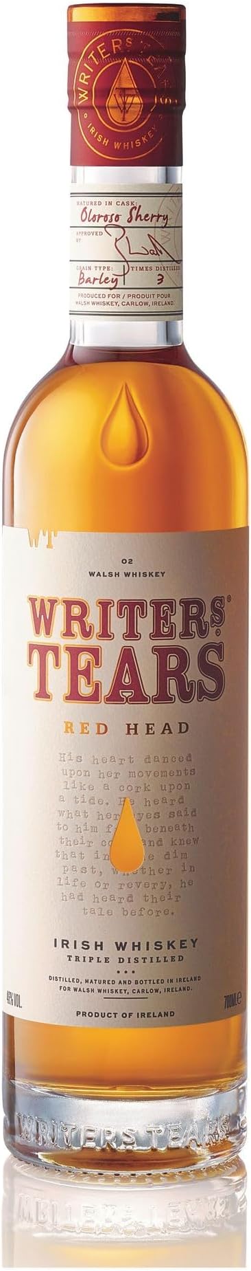 Writers' Tears Red Head Irish Whiskey - Triple Distilled Single Malt - Non-Chill Filtered - Aged in Spanish Oloroso Sherry Casks - 70cl / 700ml, 46% ABV