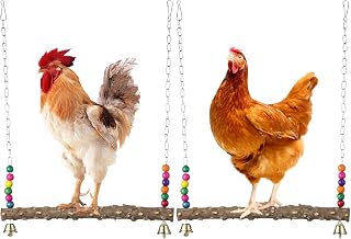 BATTIPAW 2PCS Chicken Bird Swings - Natural Wooden Toys with Bells, Beads & Stands for Chickens, Hens, Parrots Coop Enrichment