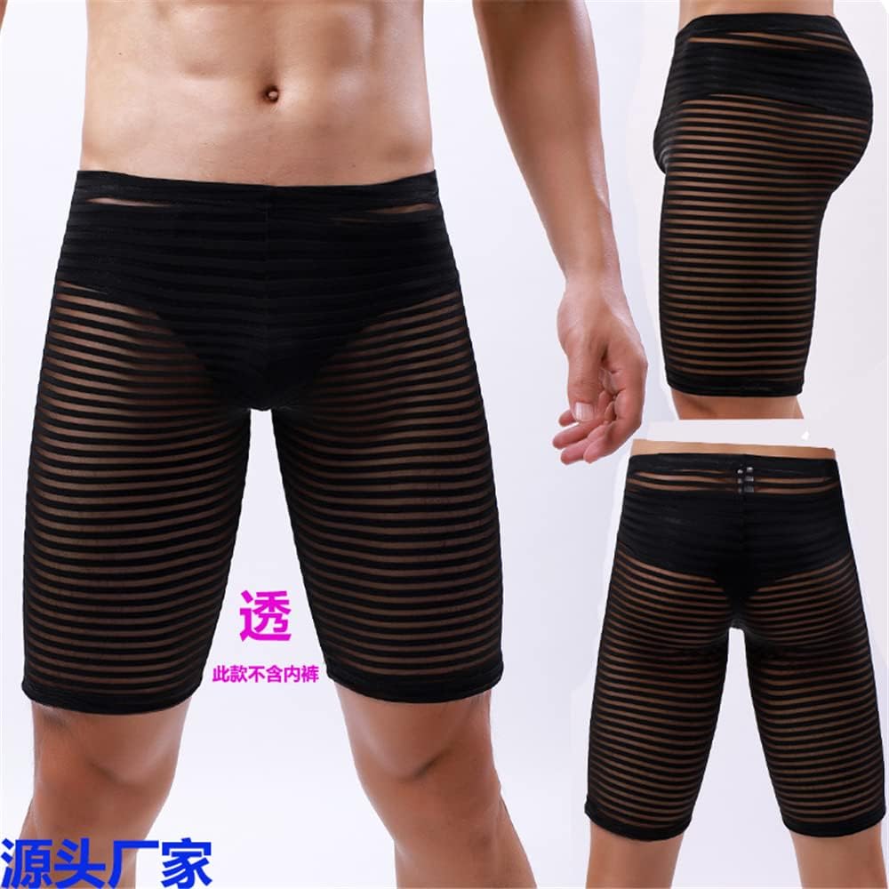 BaronHong Men's See Through Sexy Mesh Stripes Shorts Pants Erotic Clubwear
