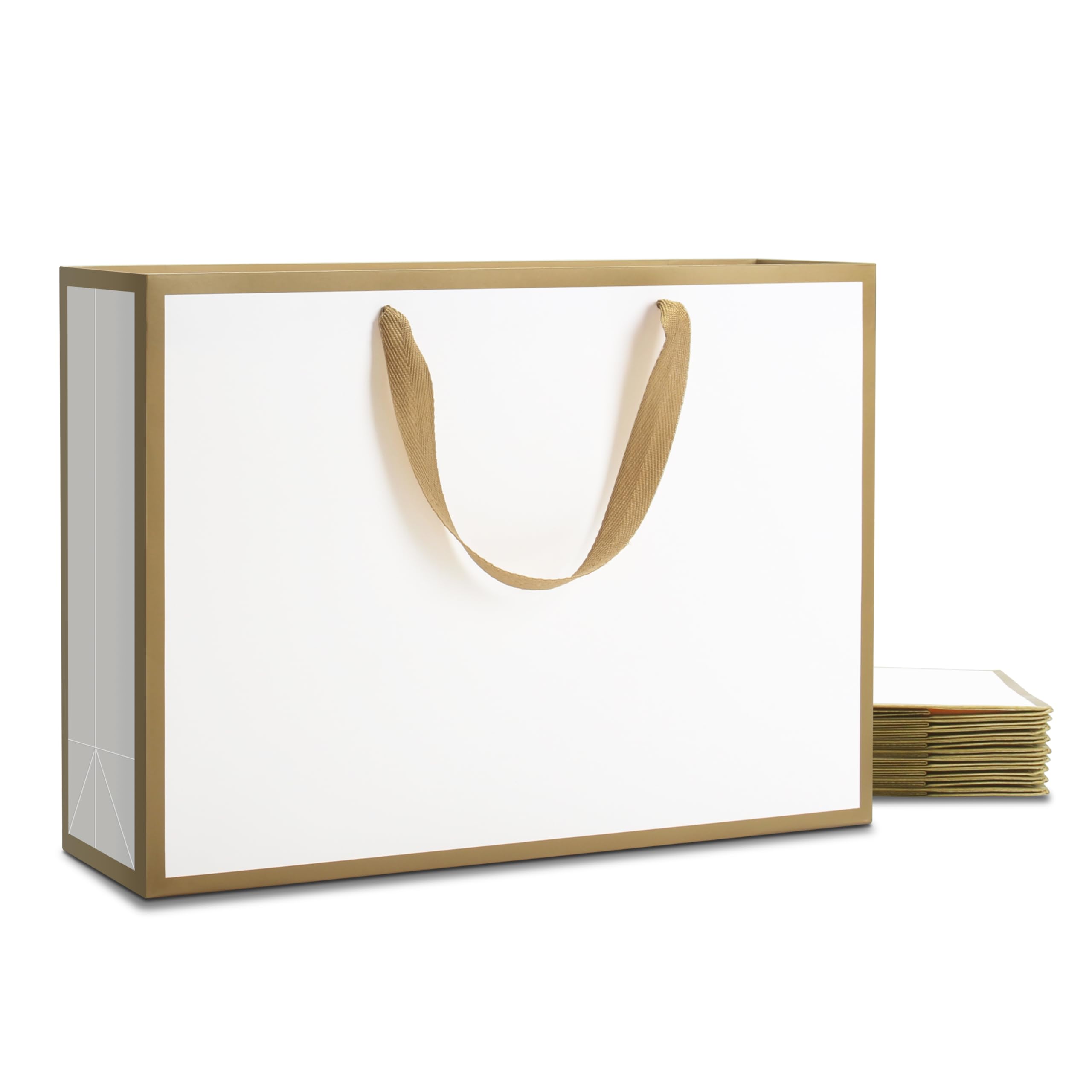 YACEYACE Large Paper Gift Bags With Handles - 10Pcs 15.7" x 4.7" x 11" Extra Large White With Gold Frame, Shopping, Boutique, Party