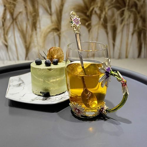 Miniatura 3 de Taza de té de flores de margarita, tazas de café esmaltadas de vidrio hechas a mano con cuchara delicada, regalo de cumpleaños para esposa, madre,