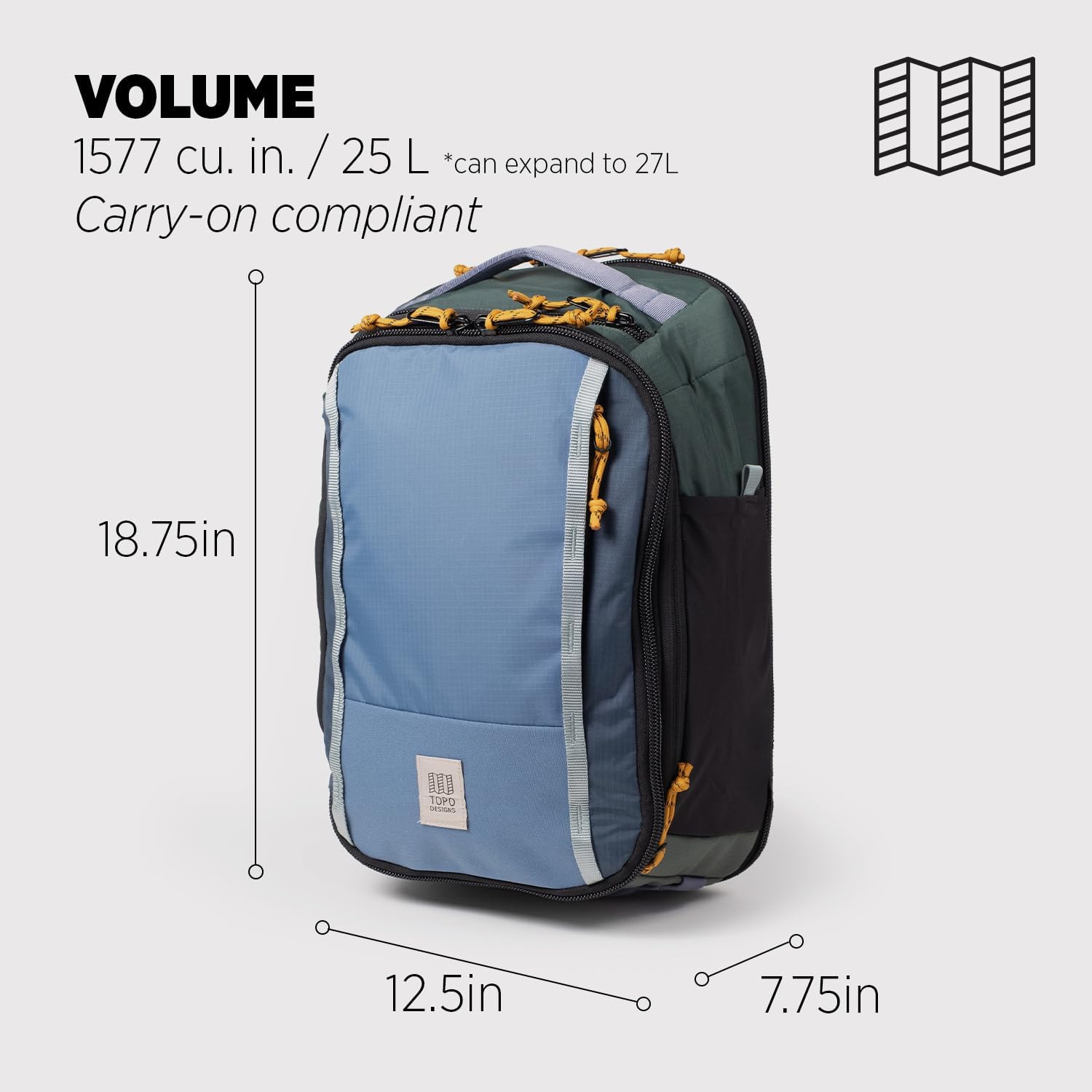 Topo Designs Global Travel Backpack, 25 Liter Bag, 3x Padded Grab Handles, Stretch Mesh, 100% Recycled Nylon Construction, PFAS-Free, Bluesign Approved (Stone Blue/Ash Green)
