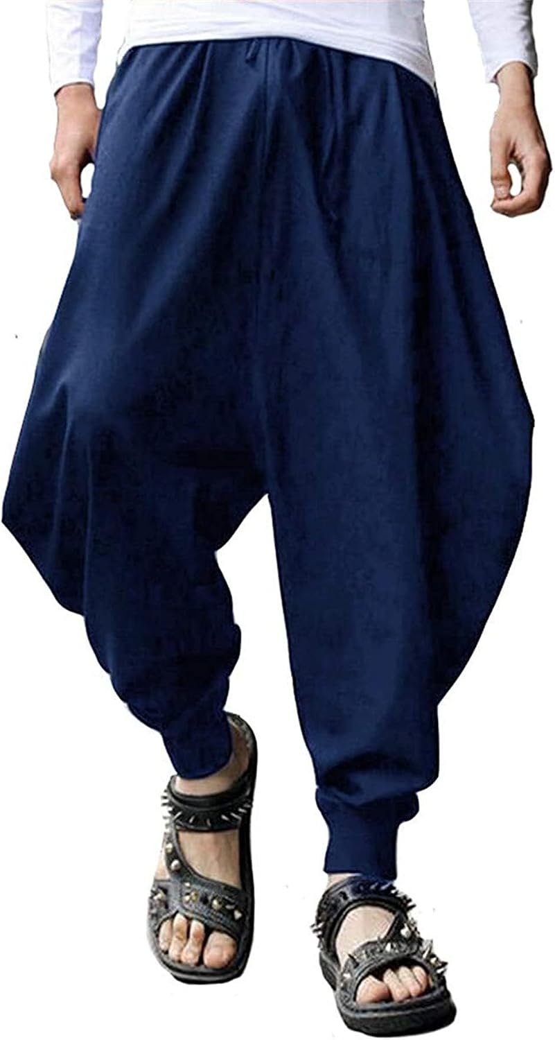 CLANMILUMS Men's Harem Pants Elastic Waist Loose Fit Hippie Aladin Drop Crotch Pants