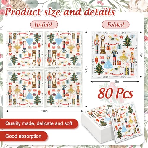 80Pcs Christmas Cocktail Napkins Watercolor Nutcracker Disposable Paper Napkins Beverage Napkins for Xmas Party Tableware Supplies – Image 2