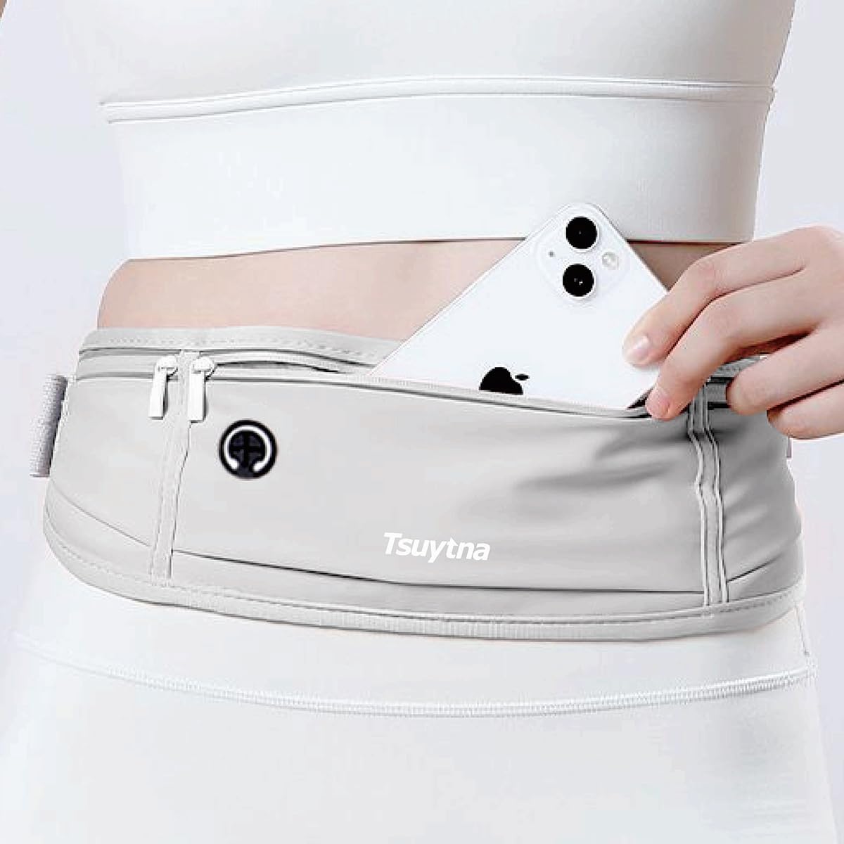 Running Belt for Women & Men - Slim Phone running belt with Water-Resistant Phone Holder, 3 pockets Adjustable Waist Strap, Reflective Safety Design for Running, Hiking, Travel,Fitness (Grey) - Image 2