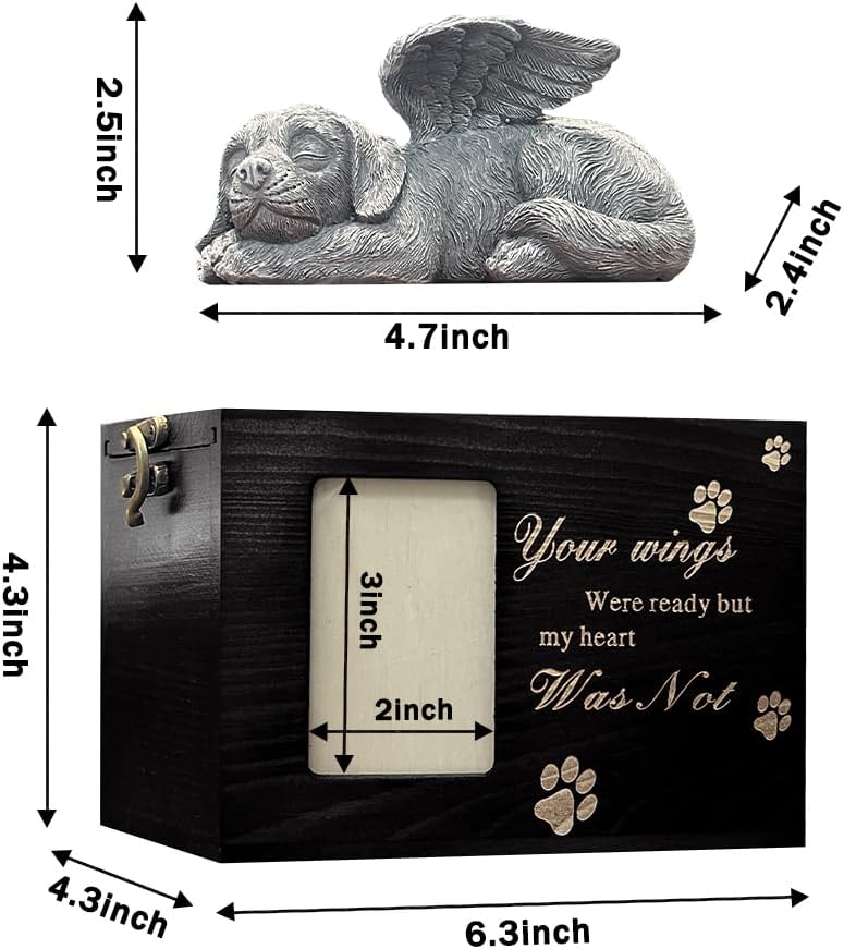 Dog Urn for Ashes Box with Picture Frame Black Funeral Cremation Box Wooden Keepsake Container with Flannel Lining for Pet Remembrance Gift (Dog Urn,Black,Medium)