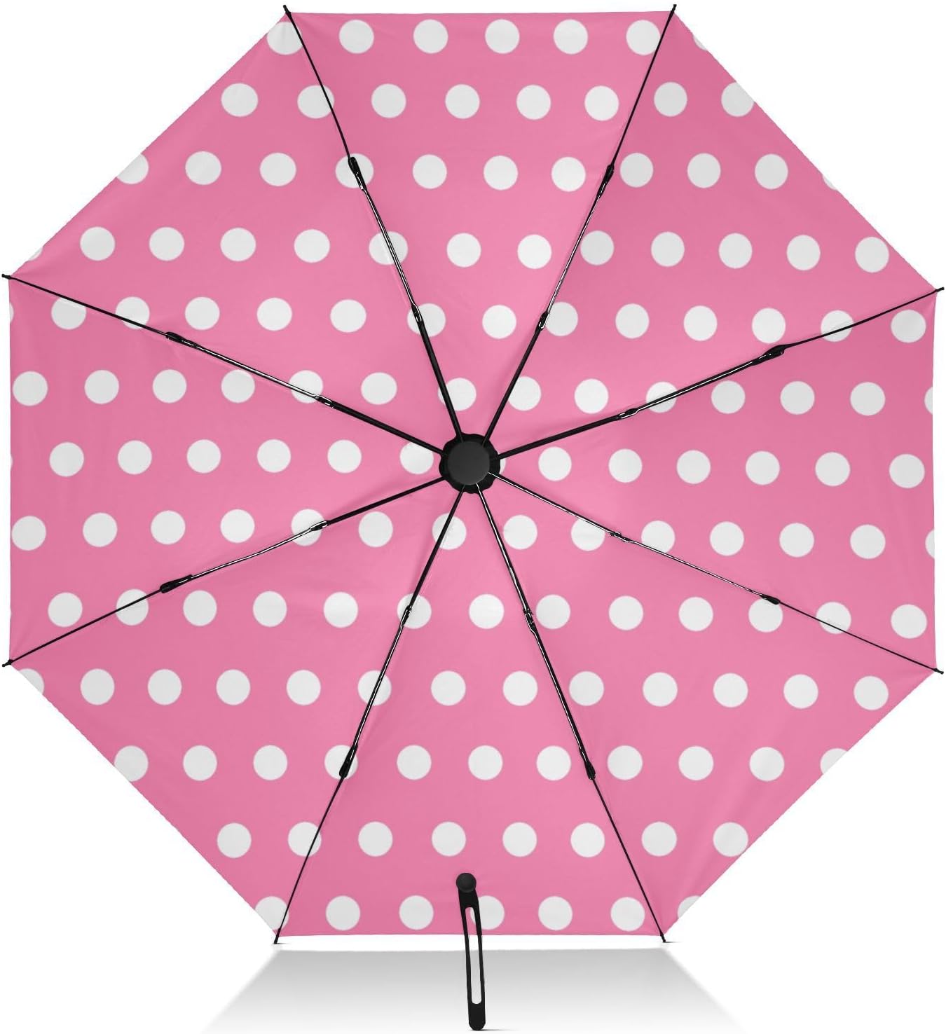 Automatic Folding Umbrella for Rain, Polka Dots Pink White Travel Umbrella UV Protection Large Windproof Inverted Umbrella with Cover Bag, 8 Ribs