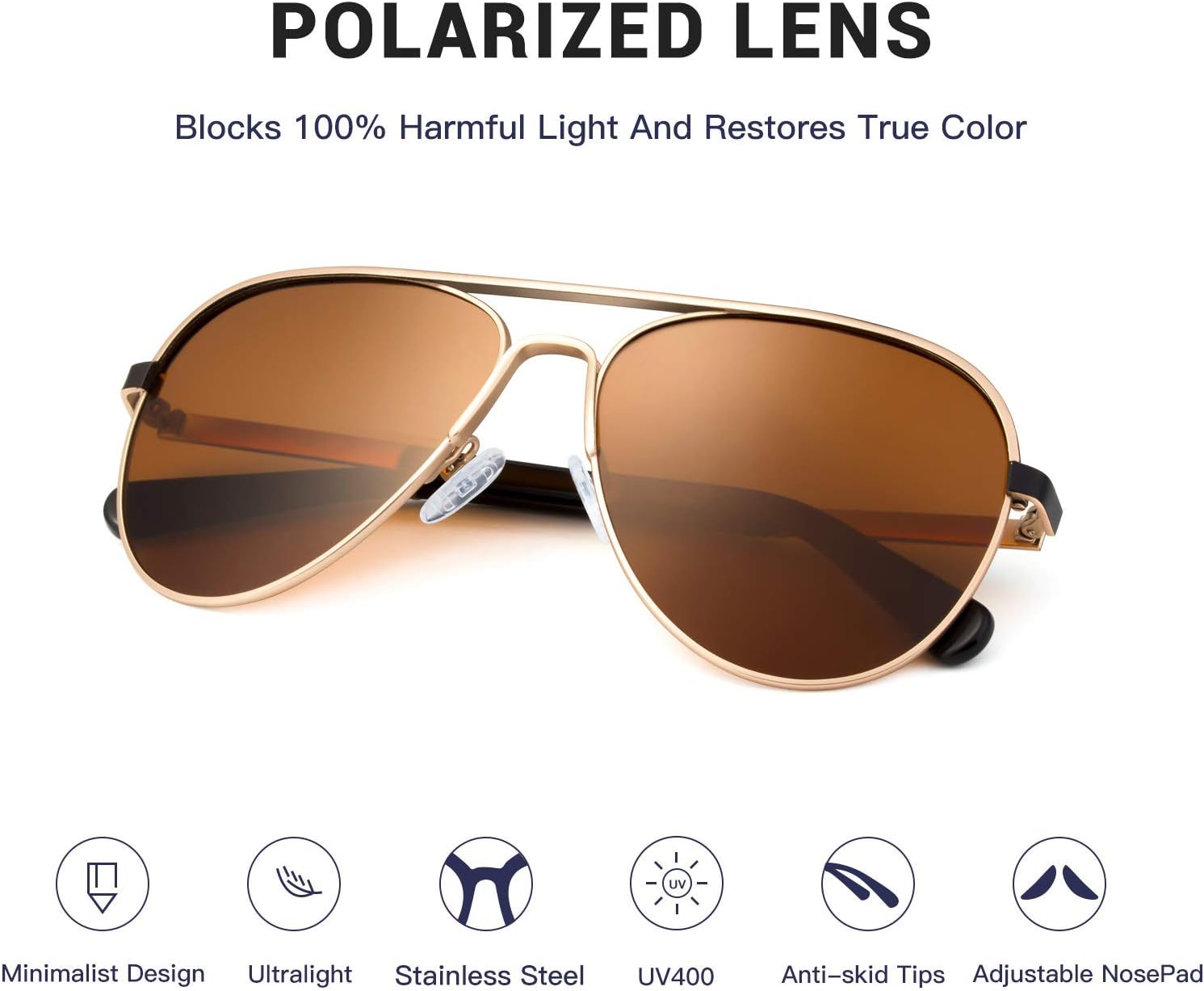 COLOSSEIN Aviator Polarized Sunglasses for Men Stainless Steel Frame Handcrafted Legs UV400 Lenses Driving Outdoor Eyewear 1 - Brown - Polarized image 2 of 6 B083B5Q9KC