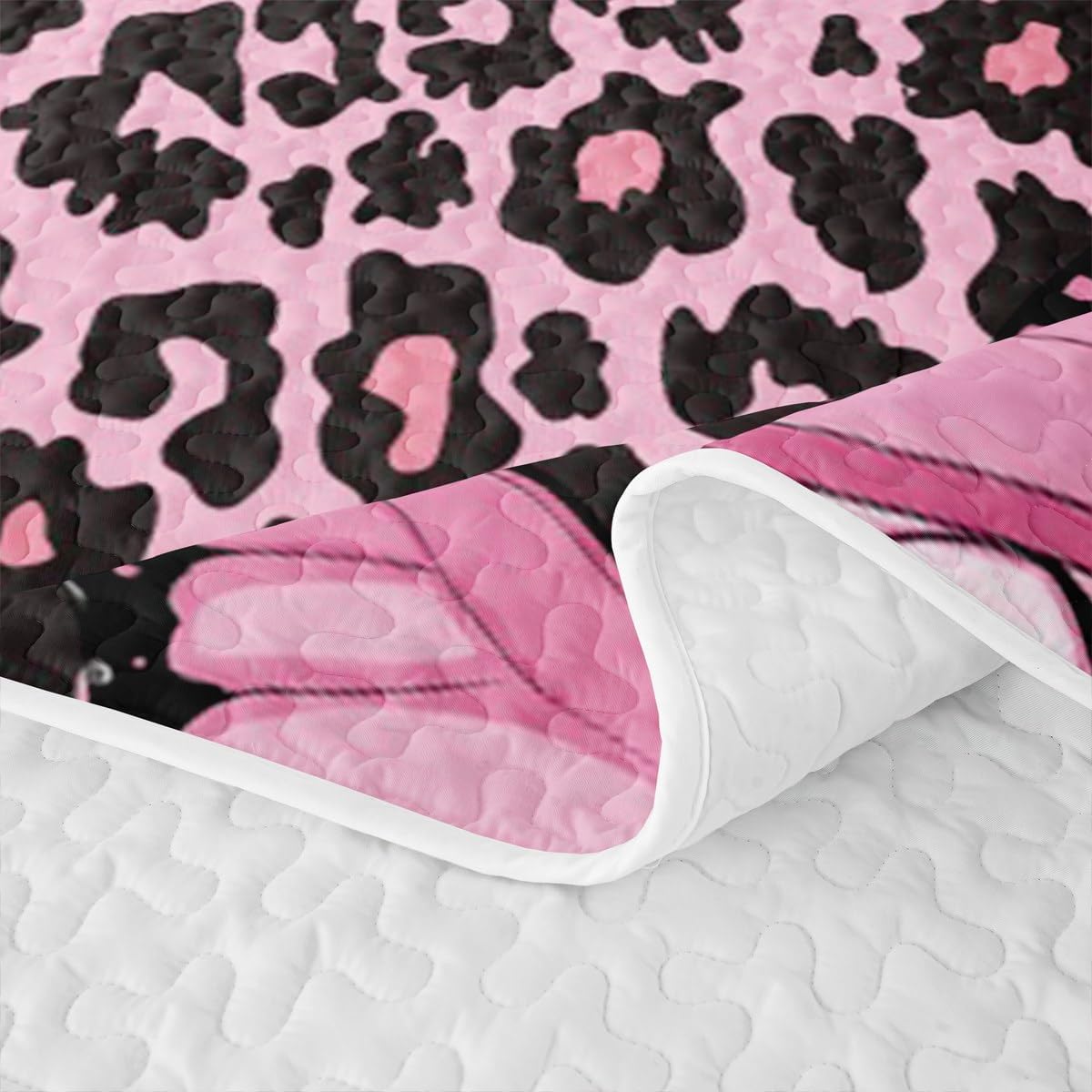 Manfei Leopard Quilted Coverlet Queen Size,Sparkling Butterfly Quilt Bedding Set,Modern Fashion Bed Covers for All Season,Bright Pink Black Quilted Bedspread 3 Pieces,2 Pillowcases