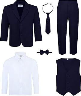 Boy's 6-Piece Suit Set - Includes Suit Jacket, Dress Pants, Matching Vest, White Dress Shirt, Neck Tie & Bow Tie