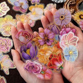 240pcs Gold Foil Colorful Flower Stickers_Transparent Water Resistant Flower Stickers__Decorative Assorted Floral Sticker for Bullet Journal, Planner, Scrapbooking, Art Craft, Envelope Seal, Gift Package, Diary, Album