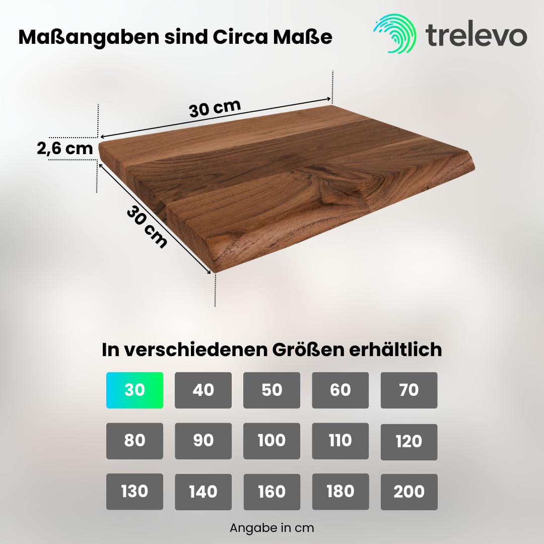 Holzplatte 30x30 cm, Akazienholz massiv 26mm, Tischplatte nussbaumfarben, Baumkantenplatte für Regale und Rückenlehne Bank, einseitige Baumkante