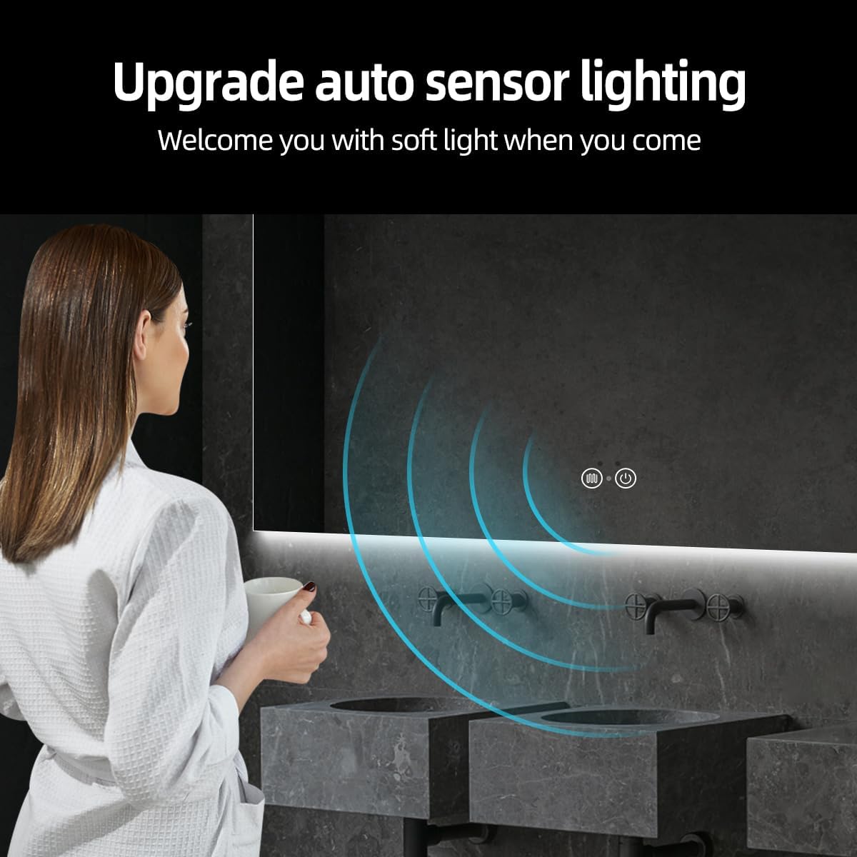 36" H x 48" W LED Bathroom Mirror, Infrared Motion Sensor Vanity Mirror with 3-Color Top & Bottom Backlit Lights, Stepless Dimmable Wall Mirror with Anti-Fog, Rectangular, UL-Listed