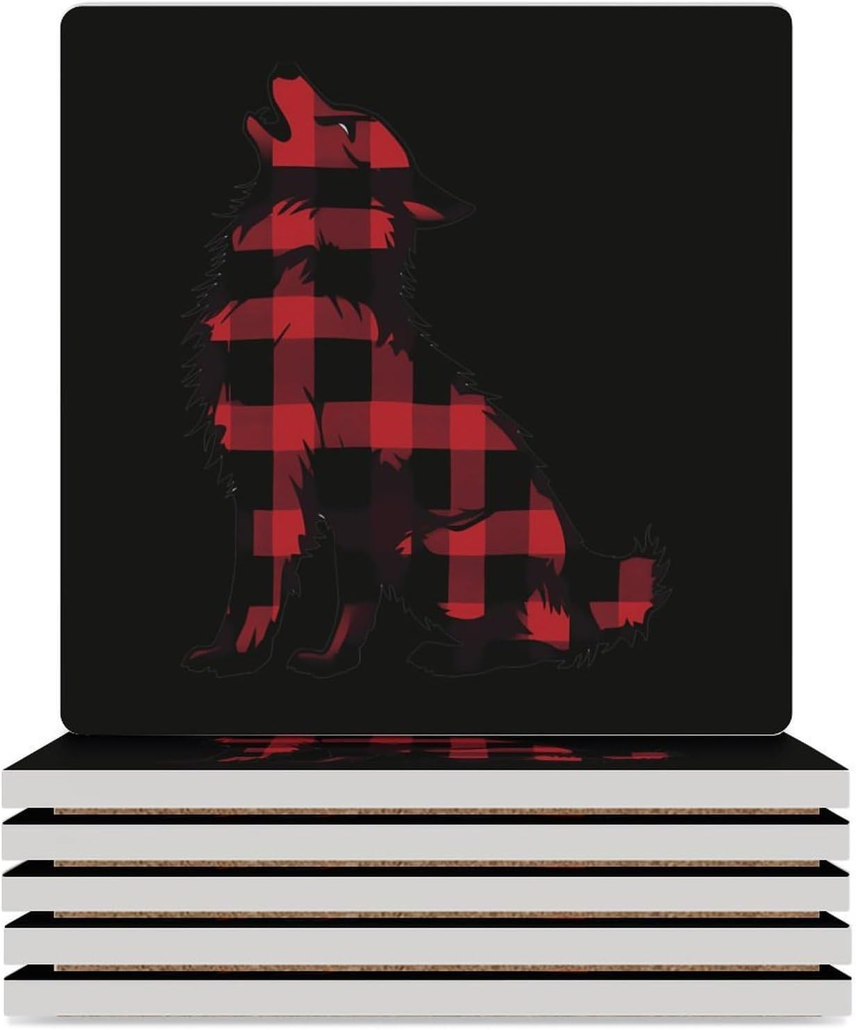 Buffalo Plaid Wolf Coasters for Drinks Square Table Coasters Set Cup Mats with Cork Base