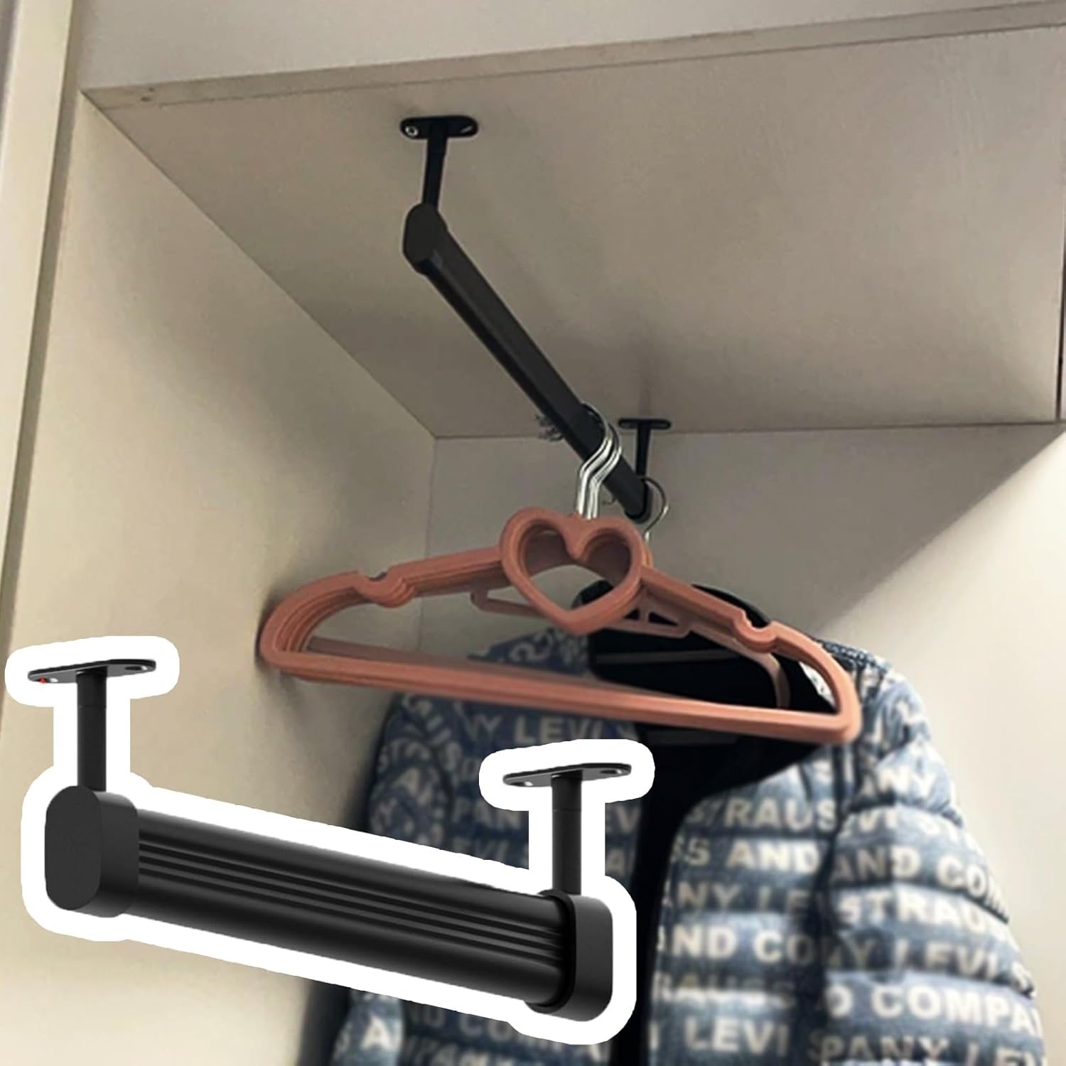 Ceiling-Mounted Closet Rod Clothes Hanger Rail - Adjustable 30"-12" Space-Saving Closet Organizer, Black Cuttable Wardrobe Divider for Efficient Storage