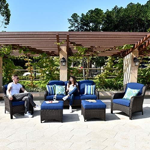 XIZZI Patio Furniture Sets Outdoor Furniture Conversation Set 5 Pieces All Weather Wicker High Back Sofa with Ottomans,Brown Wicker Navy Blue