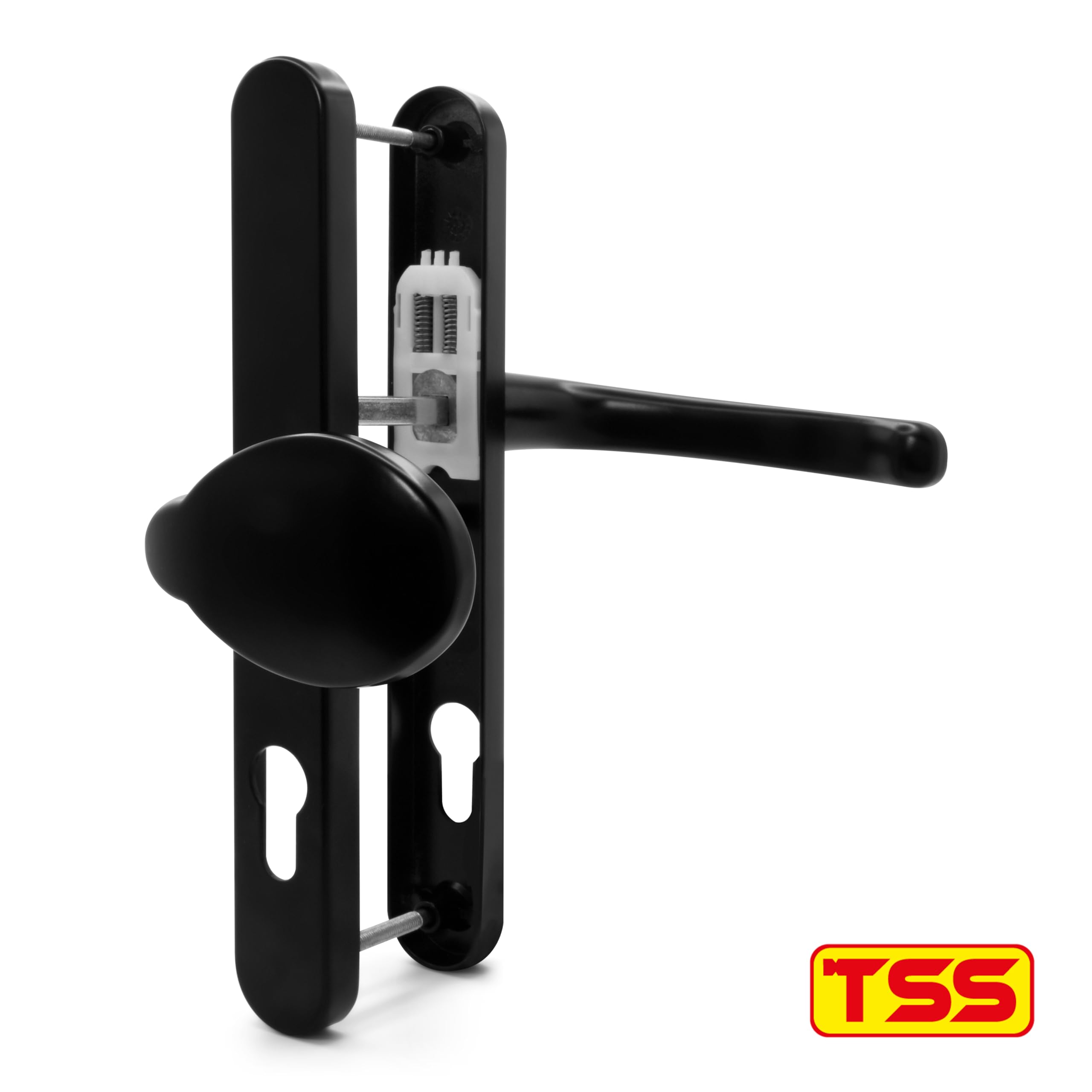TSS UPVC Door Handle Pair Set With Offset Levers, 92/62mm PZ Centres (Internal = 92mm / External 62mm), Sprung, 200mm Screw To Screw, Backplate 250mm X 34mm (Polished Chrome - View #9