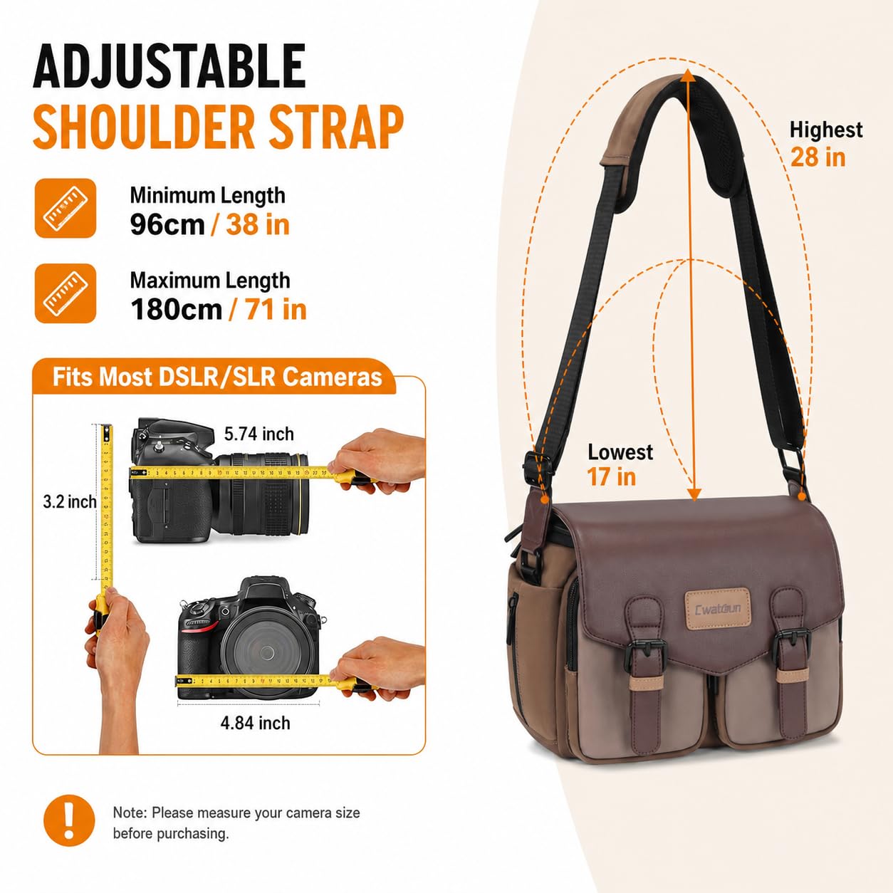 Cwatcun Borsa a tracolla per fotocamera compatta, piccola borsa a tracolla impermeabile con supporto per treppiede, borsa da viaggio per fotocamera DSLR/SLR/fotocamera mirrorless, marrone, M, Custodia