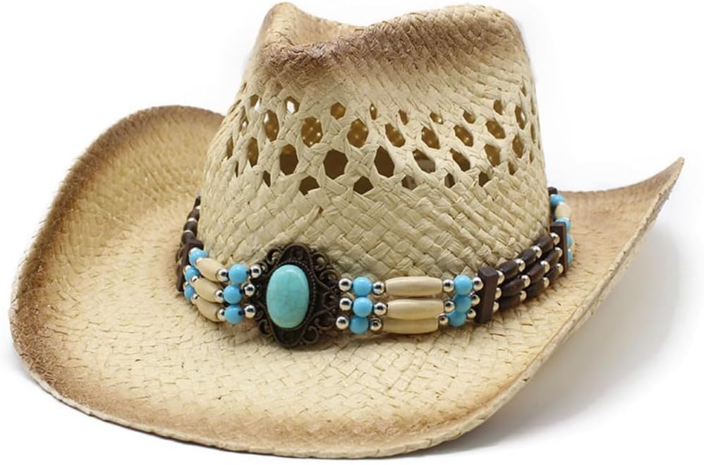 Western Straw Cowboy Hat with Turquoise Beaded Band, Pink Ombre Trim, Ventilated Design