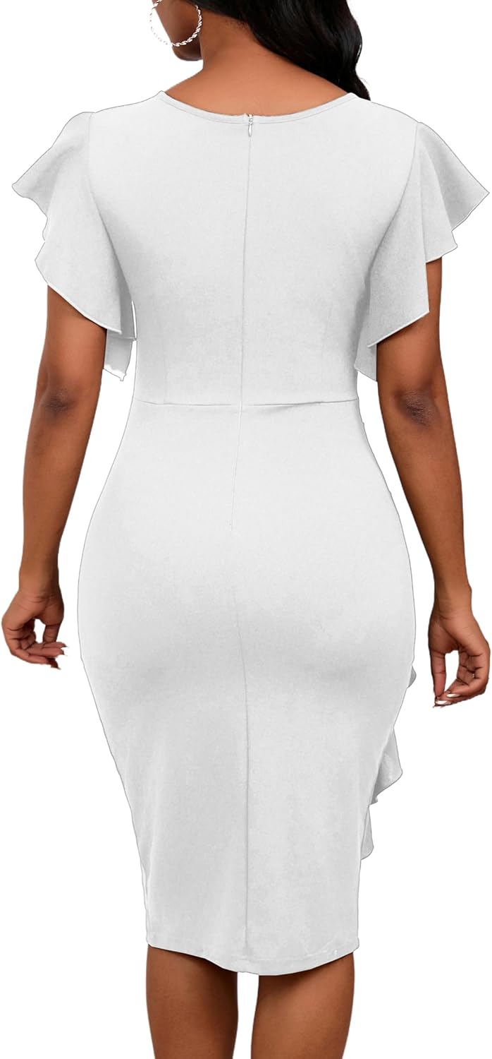 Womens Short Ruffle Sleeve Church Dress 50S Vintage Crew Neck Bodycon Work Pencil Midi Dress - Image 6