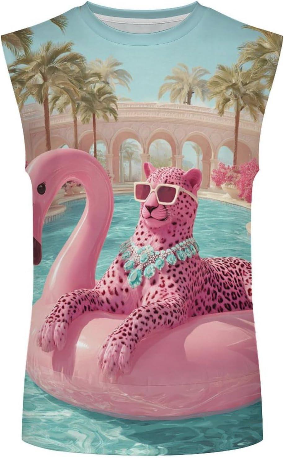 Leopard on Flamingo Float Men Summer Sleeveless Crew Neck Top 5XL