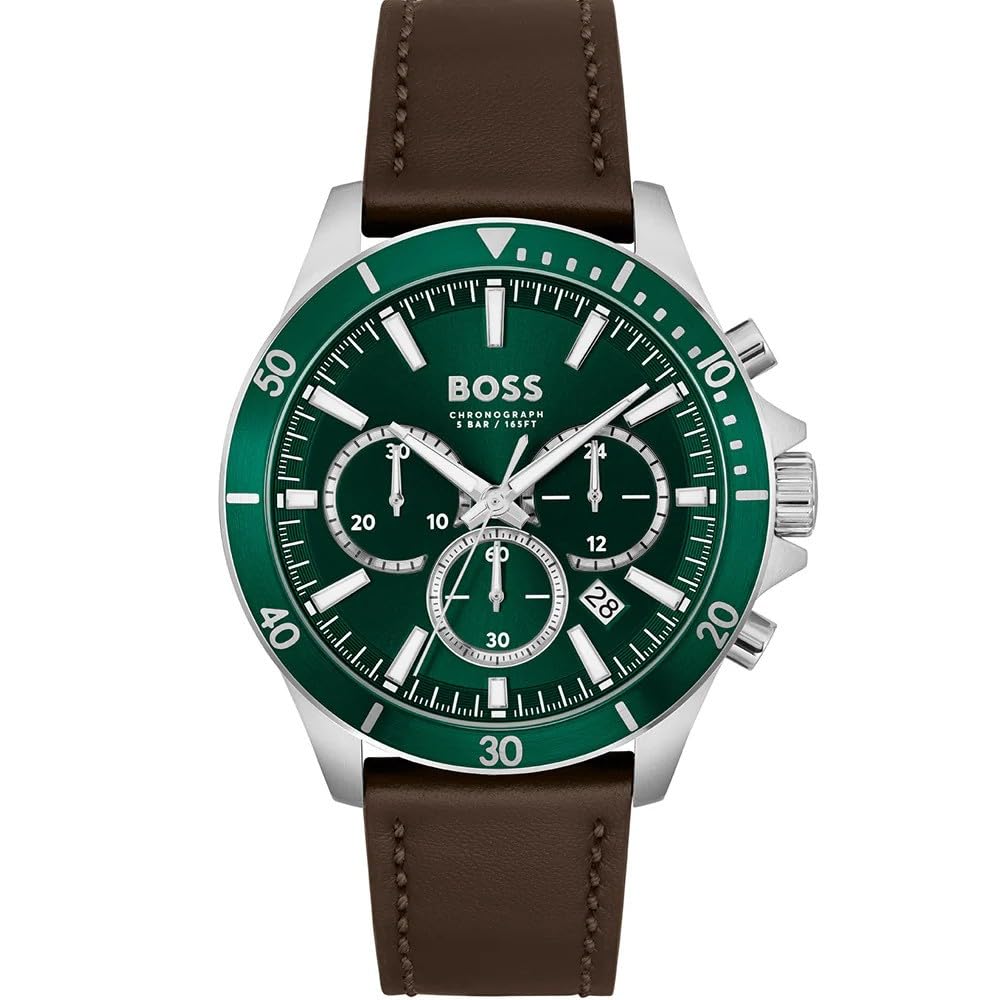 BOSSTROPER MENS GREEN DIAL DARK BROWN LEATHER WATCH - 1514098