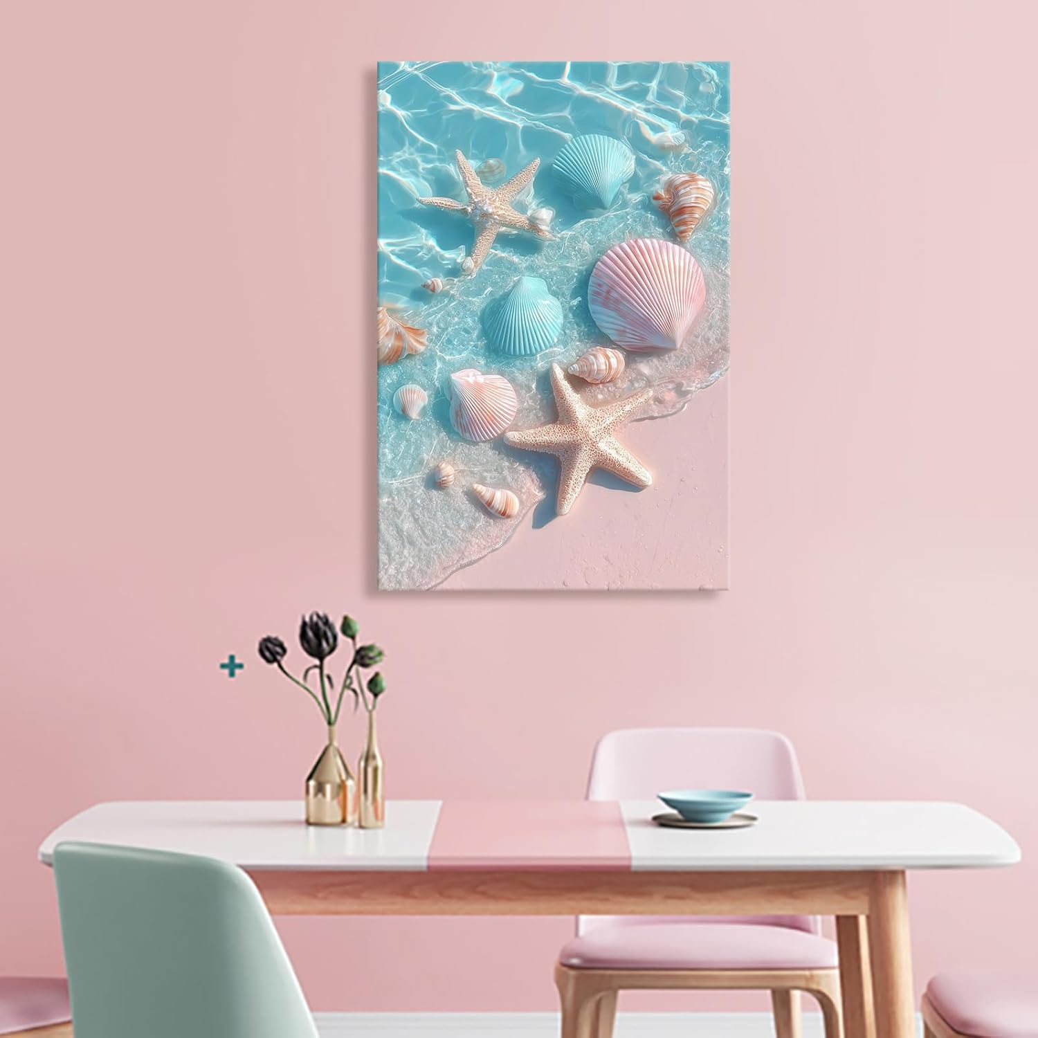 llribbons Bathroom Decor Sea Shells Starfish Canvas Wall Art Dreamy Coastal Seascape Painting Blue Ocean Pink 3D effect Prints for Bedroom Living Room Beach House Home Decor Ready to Hang 12" x 18"