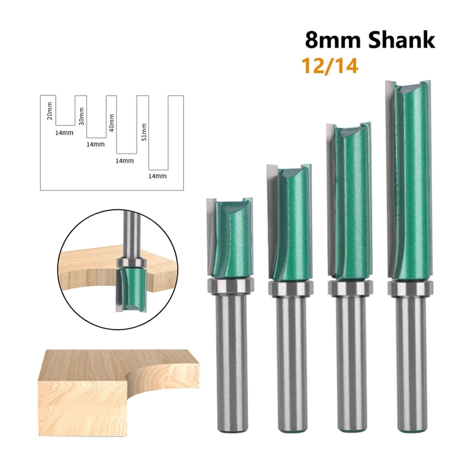 8MM Shank 12MM 14MM Green Pattern Bit Router Face Mill Carbide Cutter Woodworking Milling Cutters for Wood End(8x12x40)