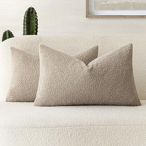 Image of Foindtower Pack of 2, Curly Faux Fur Decorative Throw Pillow Covers Soft Neutral Plush Cushion Case with Zipper Cozy Fluffy Pillowcase for Home Living Room Couch Bedroom Bed Sofa 12 x 20 Inch, Beige