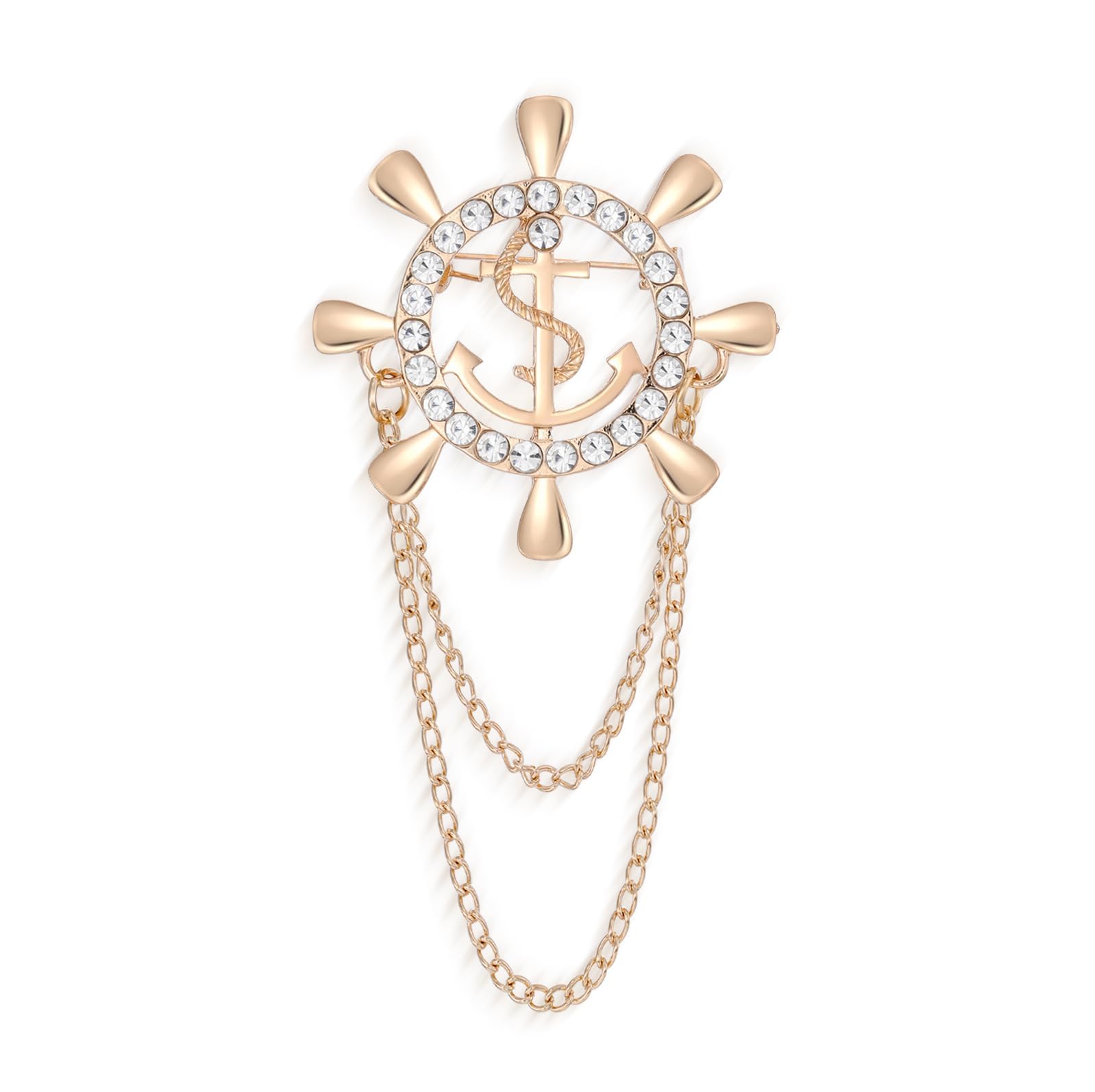 syga Men's & Women Suit Shirt Stud Lapel Pin Chain Tassel Brooch Pin with Crystal Chain(golden Rudder)-picture-17
