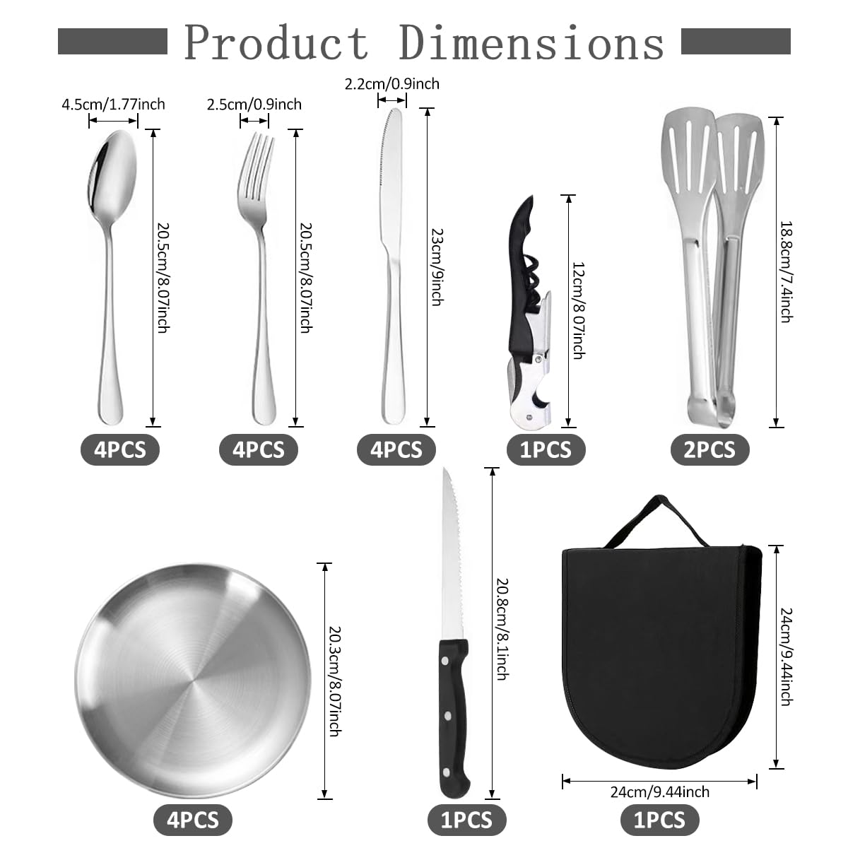 Set di Posate da Campeggio per 4 Persone, 21 Stoviglie da Campeggio Acciaio Inox con Cucchiaio,Forchetta,Ciotola,Borsa Portatile,per Picnic,Viaggi,Barbecue,Escursioni,Campeggio(Nero)