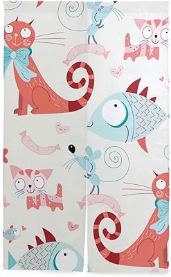Amazon マキク Makiku のれん かわいい おしゃれ 猫柄 魚 おしゃれ ロング 暖簾 洗濯可 突っ張り棒付き 幅86cm 丈143cm のれん オンライン通販