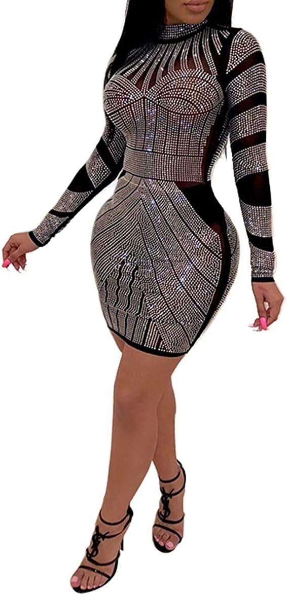 Women Long Sleeve Birthday Dresses Sexy hot Diamond Process Sexy Dress Party Club Night Dress…