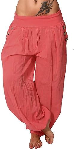 Vista 2 de HABEN Pantalones de harén sueltos para mujer, de algodón, rectos, para playa, ligeros, talla grande, para yoga, hippie, Aladdin