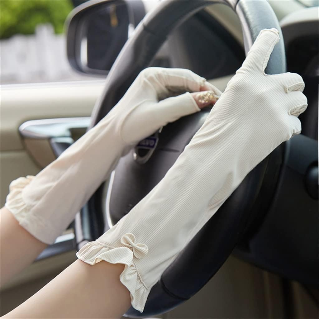 Women's Thin Section Driving and Riding Exposed 2 Fingers Mid-Length Gloves Spring, Autumn and Summer Ice Sleeves (Color : Beige, Size : One Size)