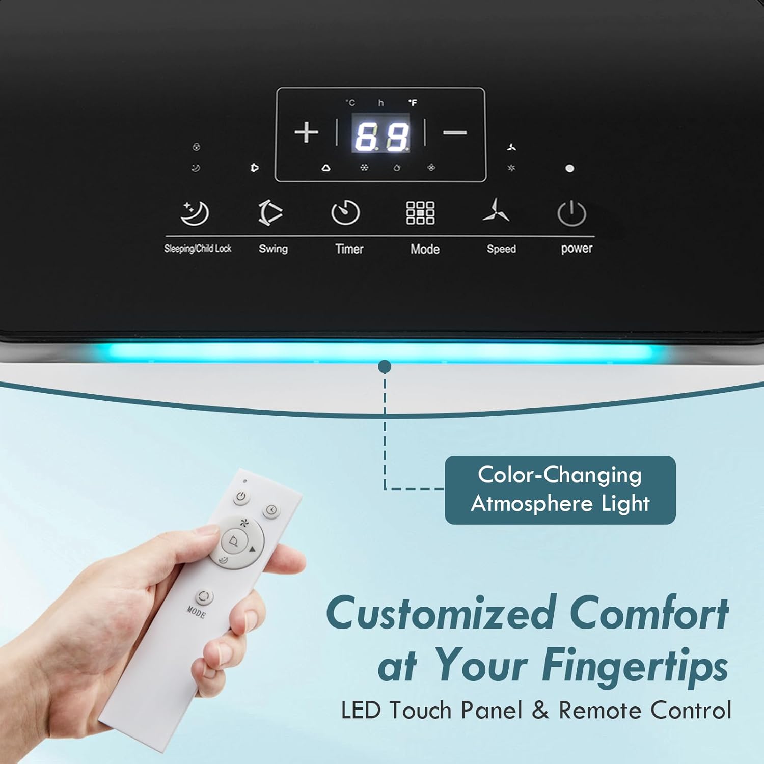 Close-up of the portable air conditioner's LED touch panel and remote control, highlighting the color-changing atmosphere light.