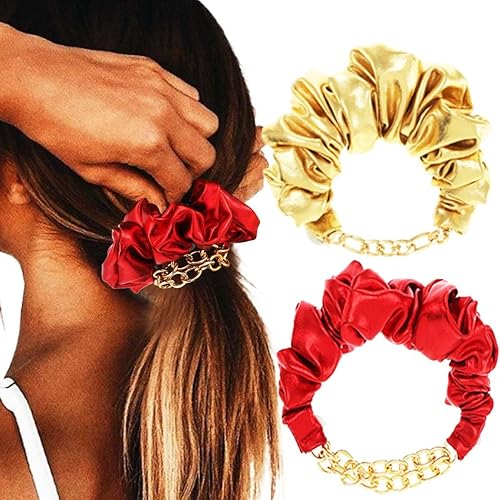 Miniatura 8 de Gortin Pulsera elástica para el cabello banda elástica para el cabello 2 en 1 sin pliegues banda para el cabello con cadena de metal bonita cuerda