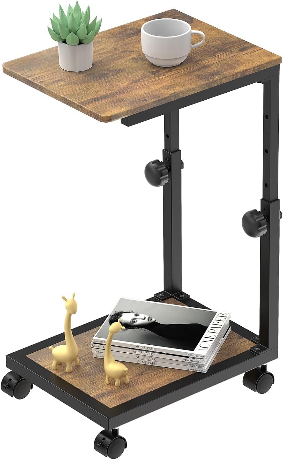 36106 C Shaped End Table with Rolling Wheels, Height Adjustable Sofa Side Table for Small Space Bedroom, Industrial TV Tray Couch Table Cart for Living Room, Retro Brown & Black-picture-16