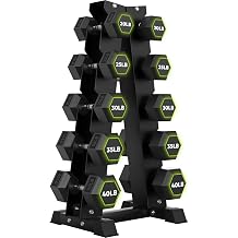 HANDBODE Rubber Coated Hex Dumbbell Set with A-Frame Rack, 100 lb - 600 lb Multiple Options Weight, Hexagon Non-Rolling Shape, Ergonomic Knurled Handle, Home Gym Equipment for Strength Training